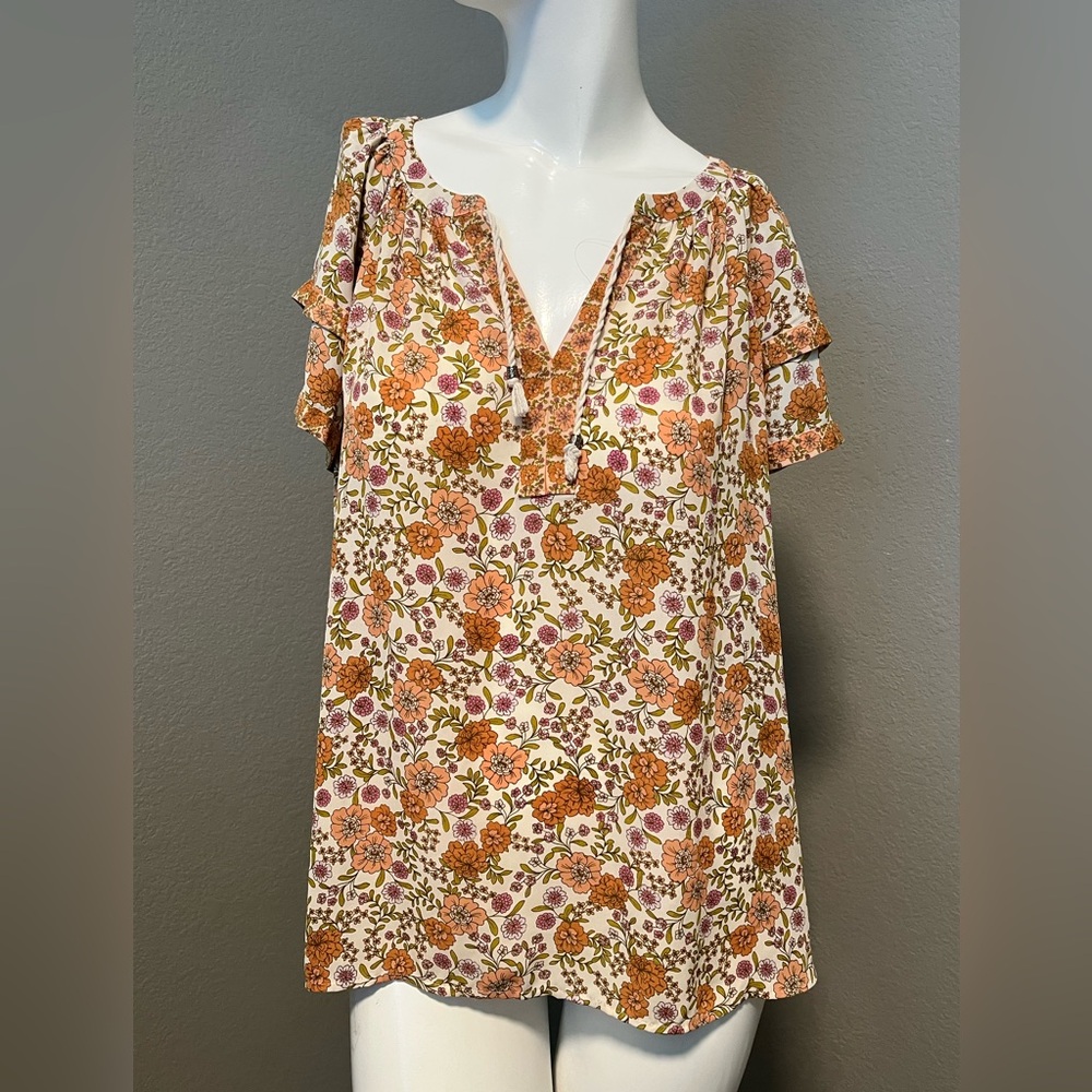 DR2 Women’s Tan and Green Multicolor Floral Cap Short Sleeve Top Blouse Size XL